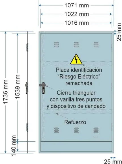 Puerta empotrar en pared de 1071x1736mm. Cierre tres puntos triangular + disp. Candado. Recambio GRA 2210/940