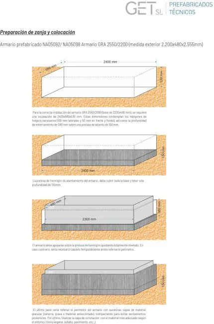 Ejemplo de preparación de zanja y colocación de armario prefabricado NA05092/ NA05098 Armario GRA  2550/2200 (medida exterior 2.200x480x2.555mm) 